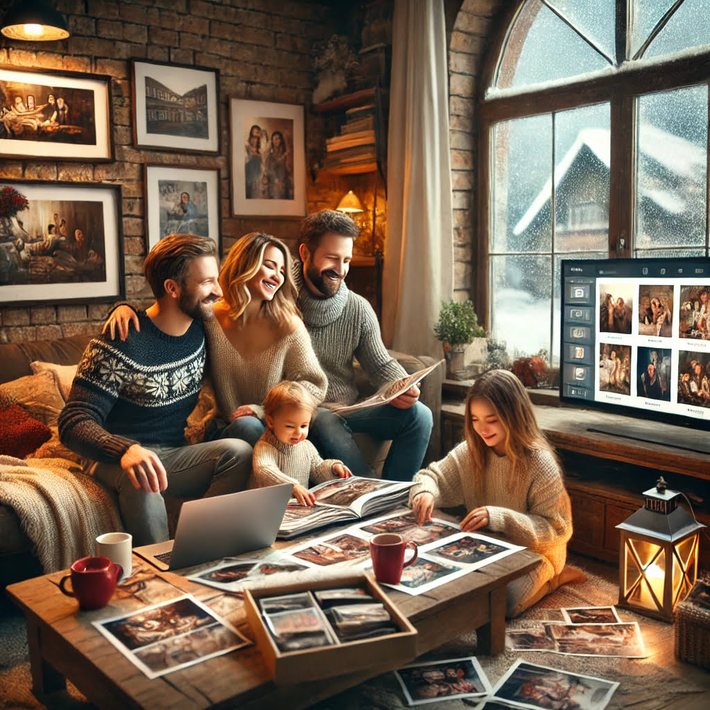 Famiglia che organizza foto digitali su un computer e una TV, ridendo e ricordando momenti speciali in una stanza accogliente.