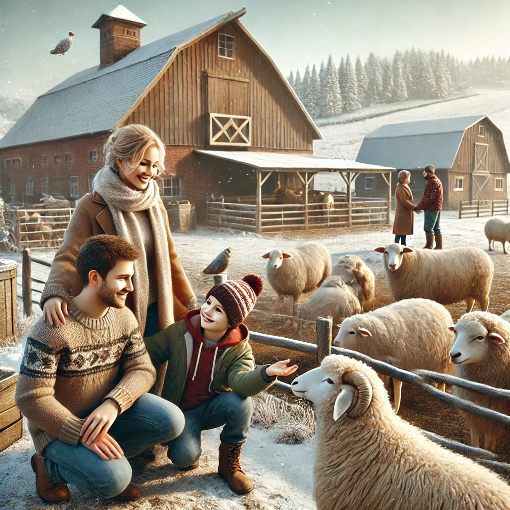Famiglia che interagisce con pecore e mucche in un agriturismo innevato, imparando come si produce il formaggio.