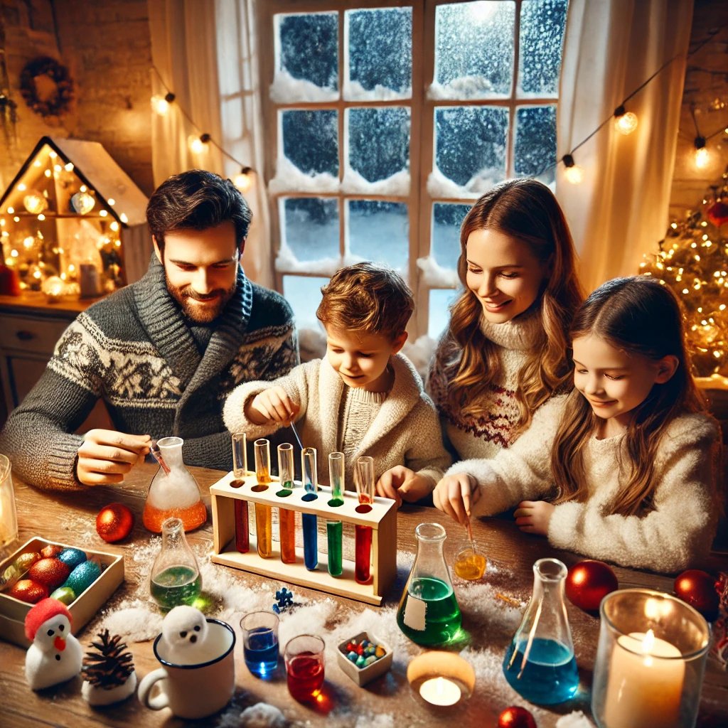 Famiglia che esegue esperimenti chimici con un kit, osservando reazioni come bolle e cambi di colore in una stanza accogliente.