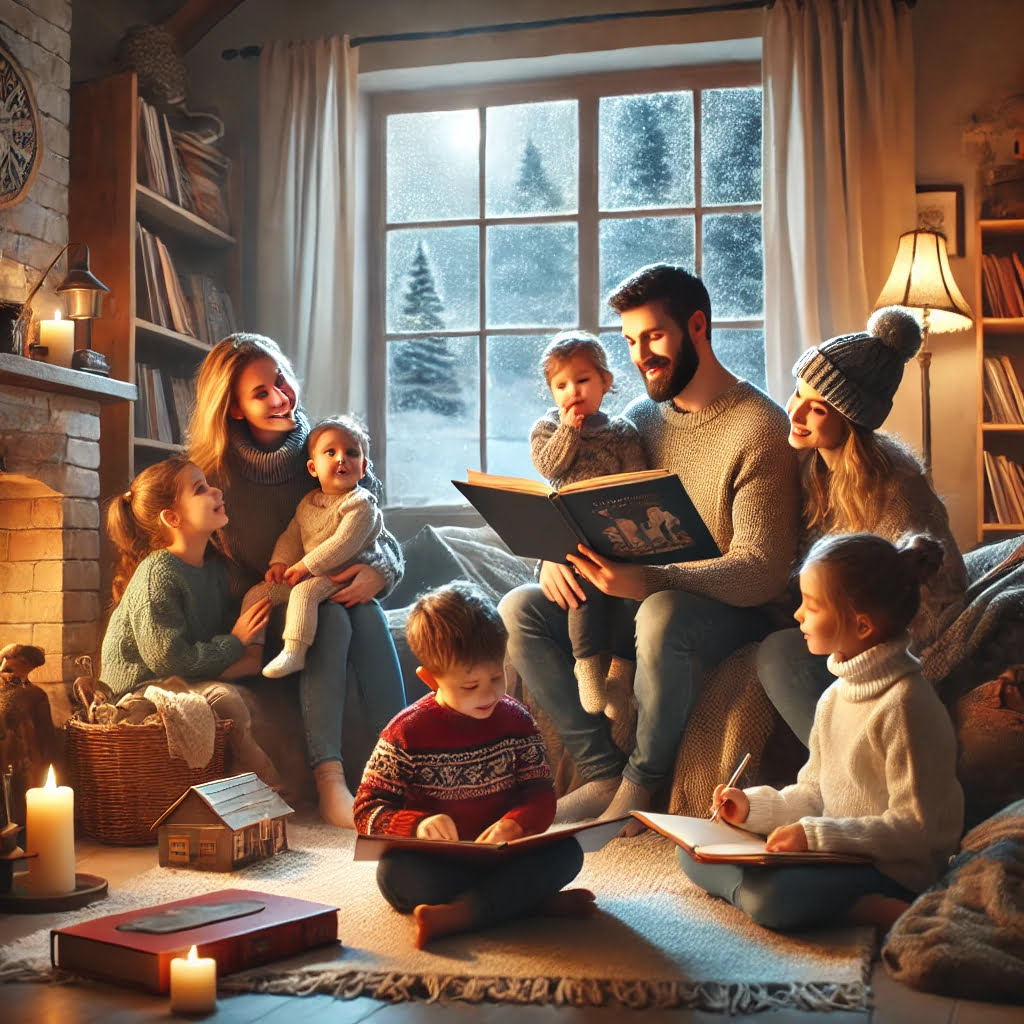 Famiglia che legge e inventa storie insieme in un ambiente invernale caldo e accogliente, con libri e un camino sullo sfondo.