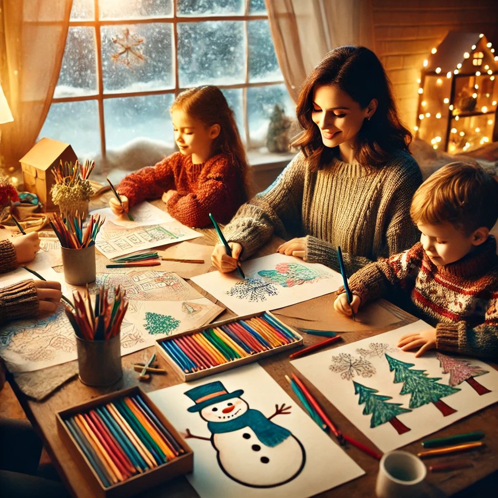 Famiglia che disegna e colora insieme, creando scene invernali come pupazzi di neve e fiocchi di neve in un'accogliente stanza d'inverno.