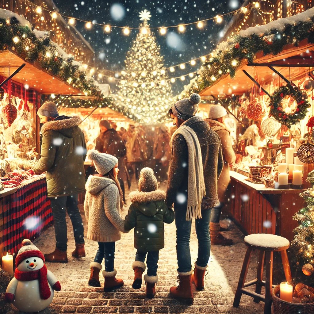 Famiglia che cammina tra le bancarelle di un mercatino di Natale, circondata da luci e decorazioni festive.