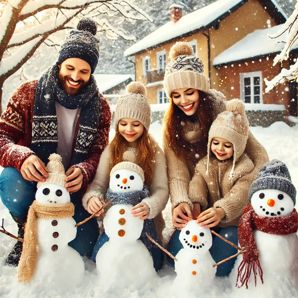 Famiglia con genitori e due bambini che costruisce pupazzi di neve con dettagli personalizzati come sciarpe, cappelli e carote, in un giardino innevato.