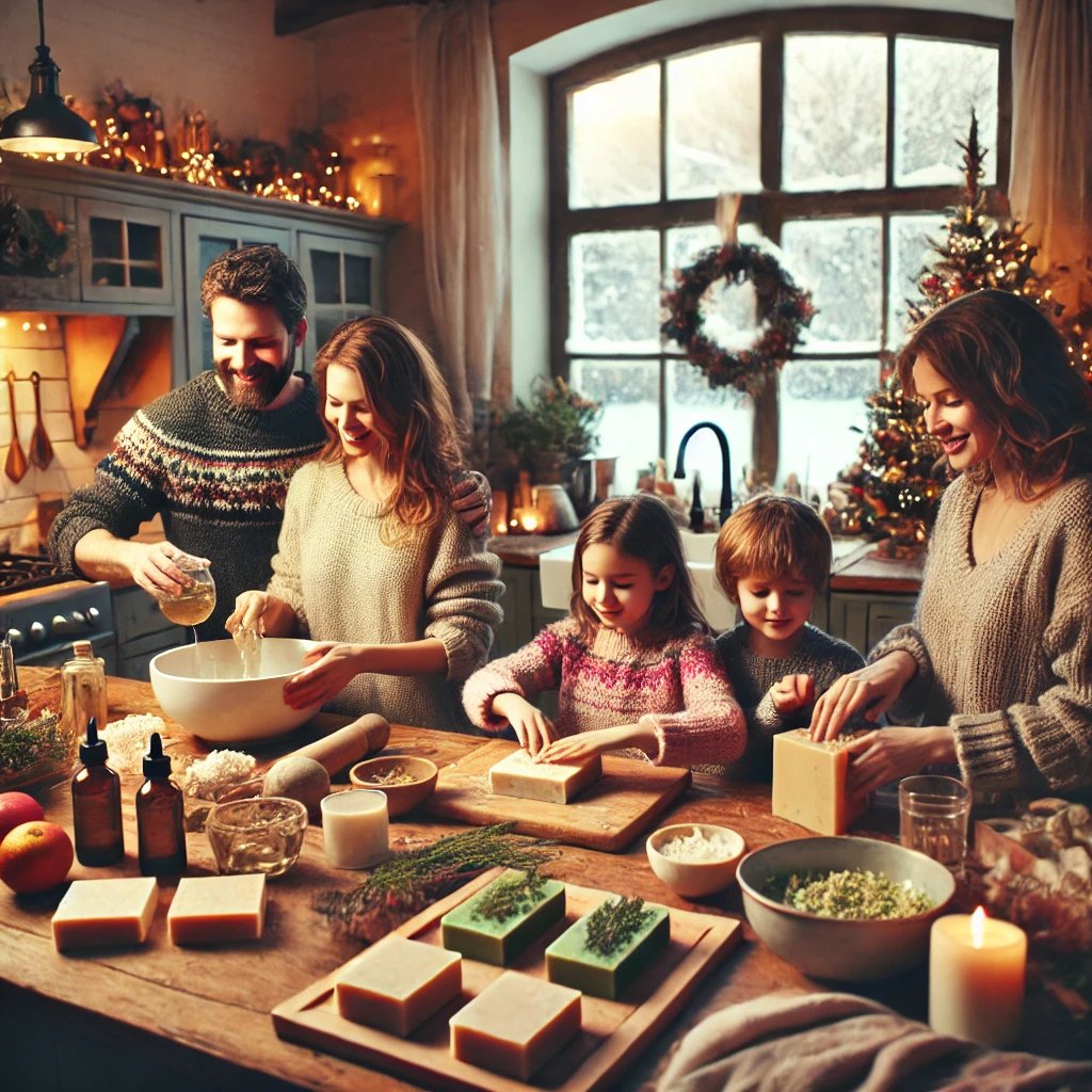 Famiglia che prepara sapone BIO fatto in casa in una cucina accogliente, mescolando ingredienti naturali e usando stampi creativi.