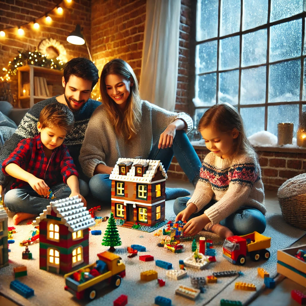 Famiglia che gioca con i LEGO creando costruzioni colorate su un tappeto in una stanza accogliente d'inverno.