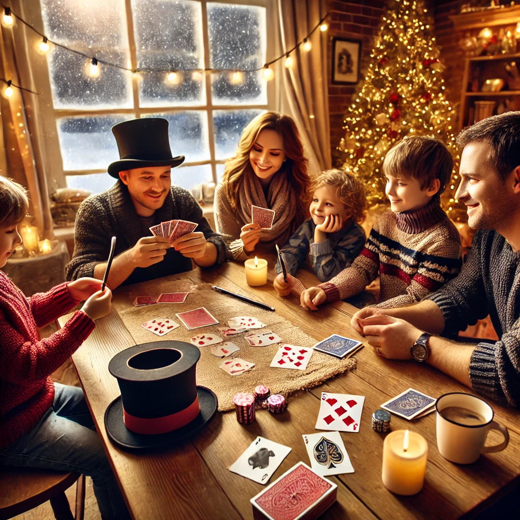 Famiglia che pratica trucchi di magia con carte e monete, in un ambiente invernale accogliente, con un bambino che esegue un trucco.