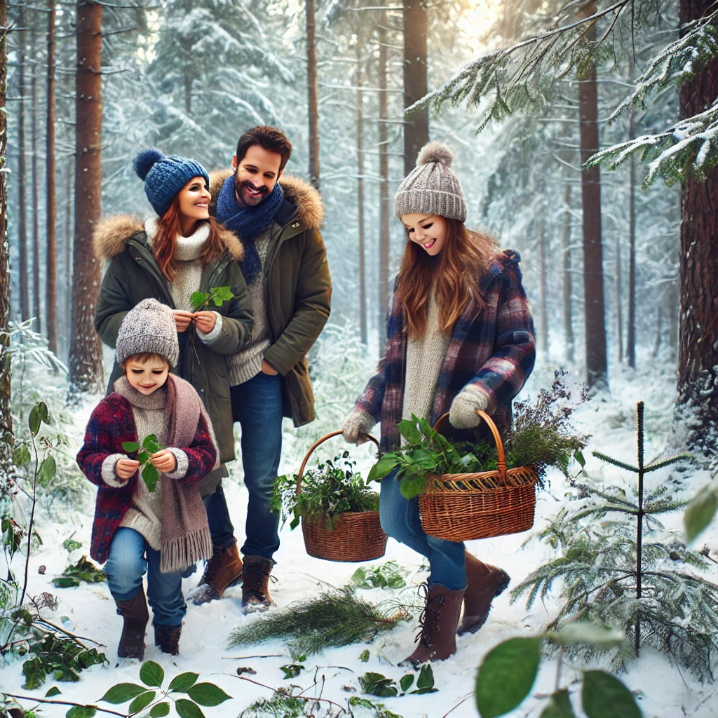 Famiglia che passeggia in un bosco innevato, raccogliendo foglie e piante per creare un erbario, immersa nella natura invernale.