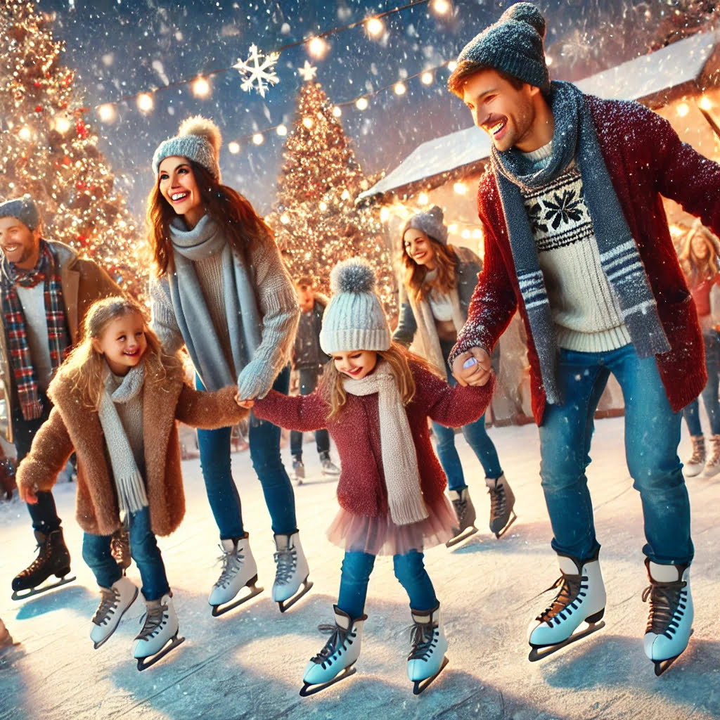Famiglia che pattina su una pista di ghiaccio all'aperto durante una giornata invernale, sorridendo e divertendosi.