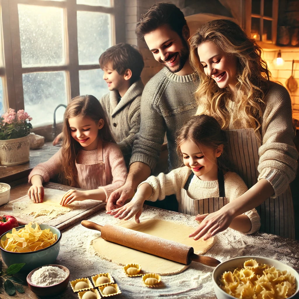 Famiglia che prepara pasta fresca in una cucina accogliente, stendendo l'impasto e tagliando pasta fatta in casa.