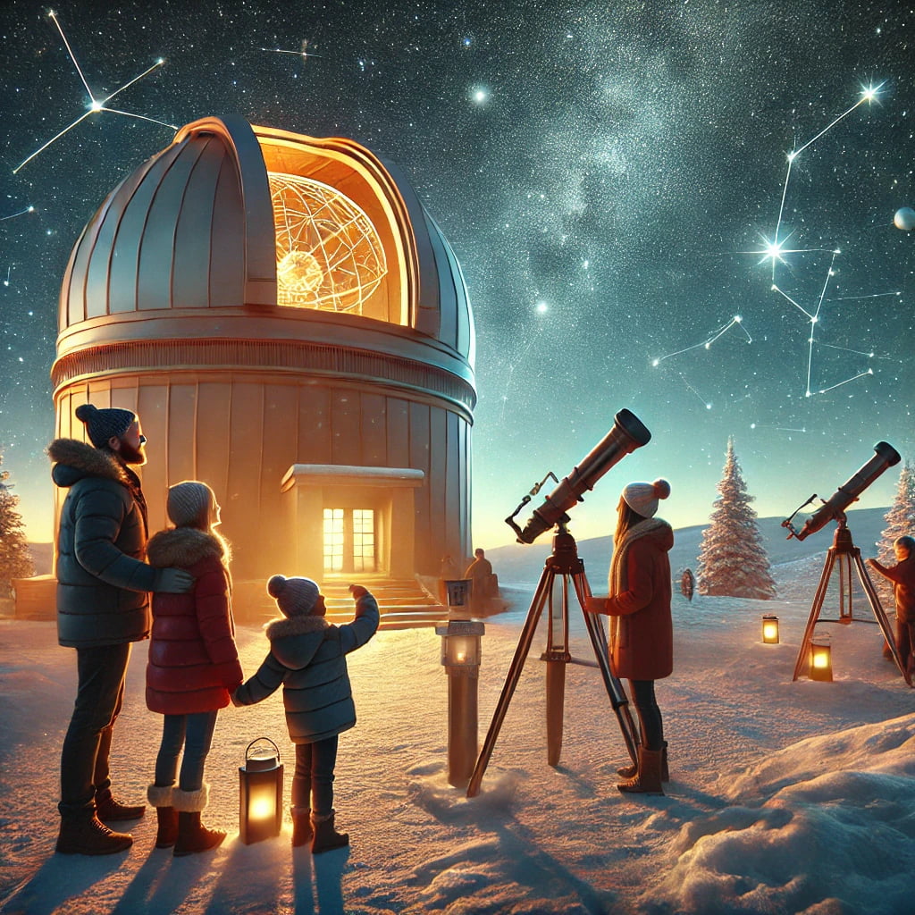 Famiglia che osserva le stelle con un telescopio presso un osservatorio astronomico, circondata da un cielo stellato in una fredda notte invernale.
