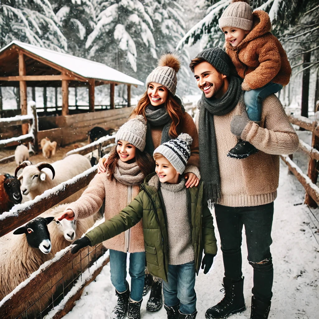 Famiglia che visita un bioparco naturale in inverno, osservando pecore, mucche e cervi in ambienti naturali innevati.