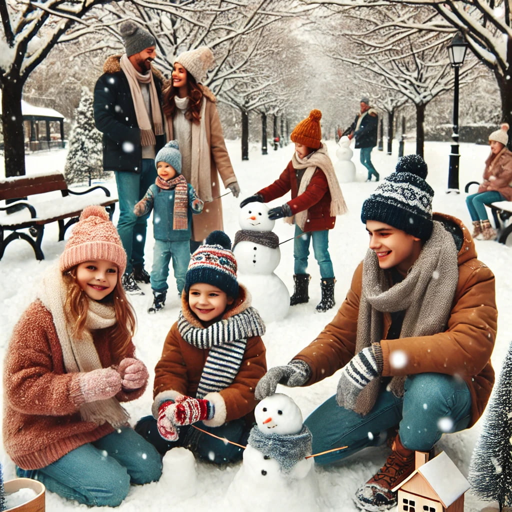 Famiglia che gioca nel parco innevato, lanciando palle di neve e sorridendo durante una giornata invernale.