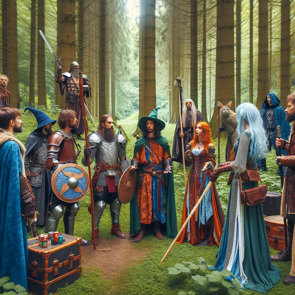 Un gruppo di persone che si sono riunite in un bosco per fare gioco di ruolo (LARP)