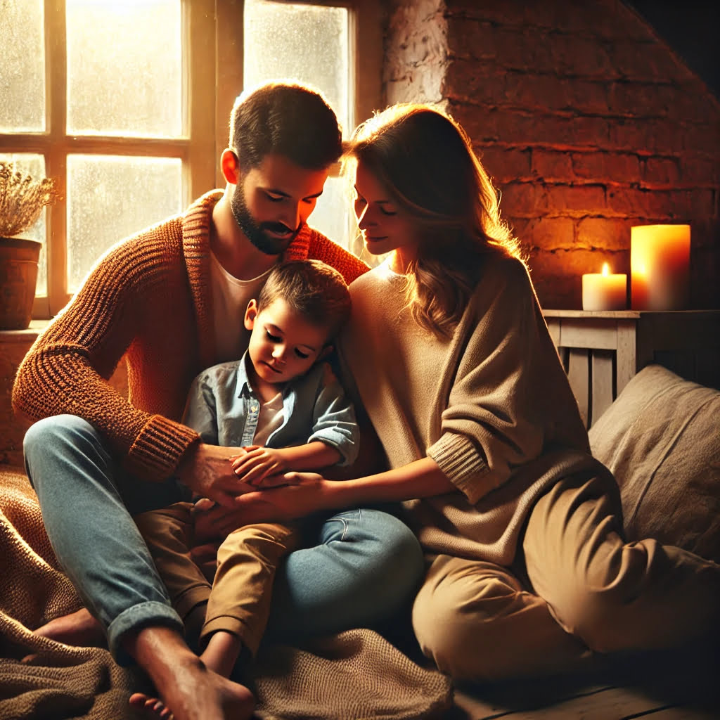 Un'immagine che rappresenta l'amore familiare, con una famiglia che condivide un momento di intimità e calore. La scena trasmette affetto, sicurezza e legami emotivi profondi, illuminata da una luce naturale morbida.