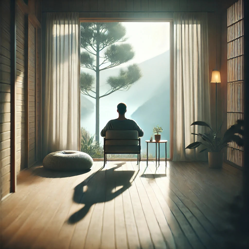 Immagine che rappresenta l'amore per sé stessi, con una persona immersa in un momento di riflessione e cura personale. La scena trasmette serenità, equilibrio interiore e autoaccettazione, illuminata da una luce naturale soffusa.