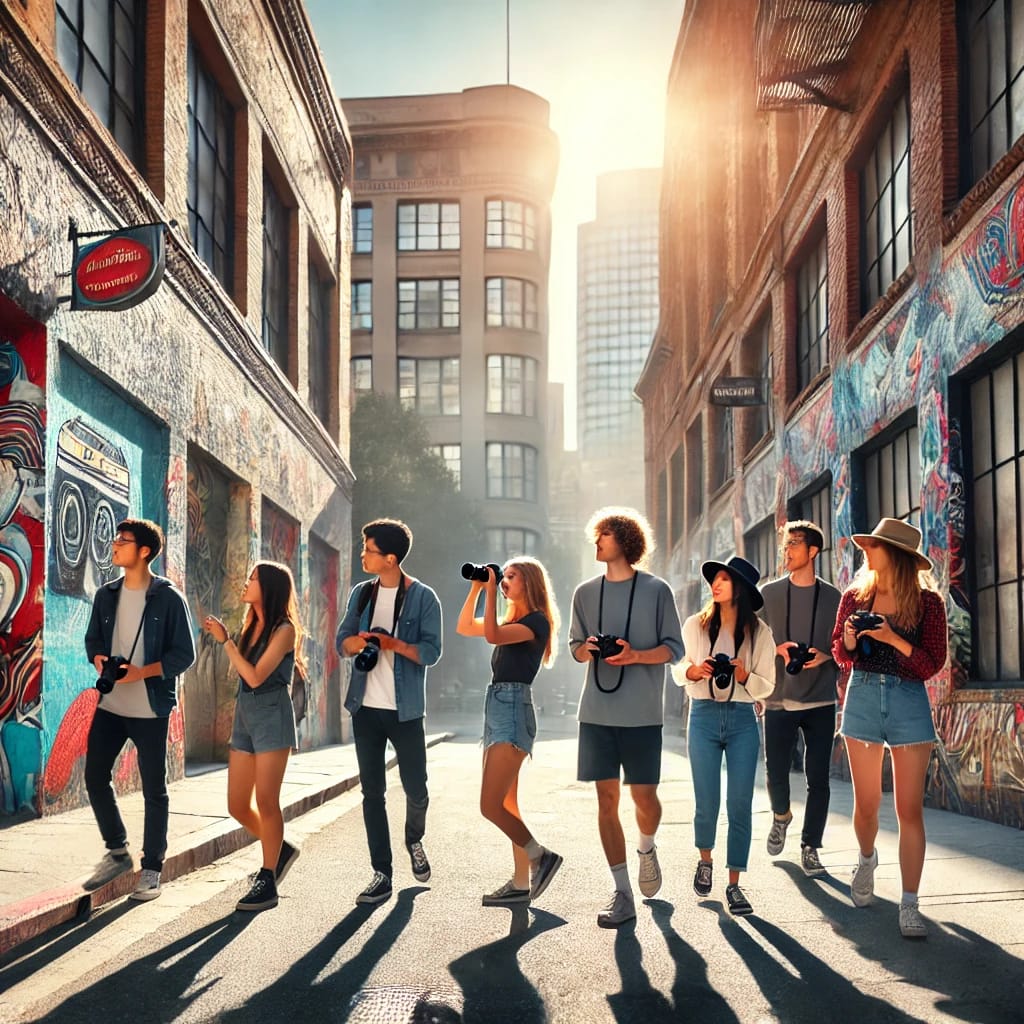 Gruppo di amici che esplorano una città con le fotocamere, catturando immagini di arte di strada e dettagli urbani durante un safari fotografico.